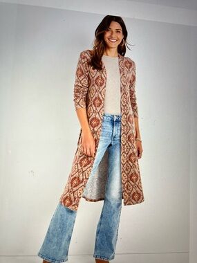 Long Open-Front Geometric long side split Cardigan - Rust Multi